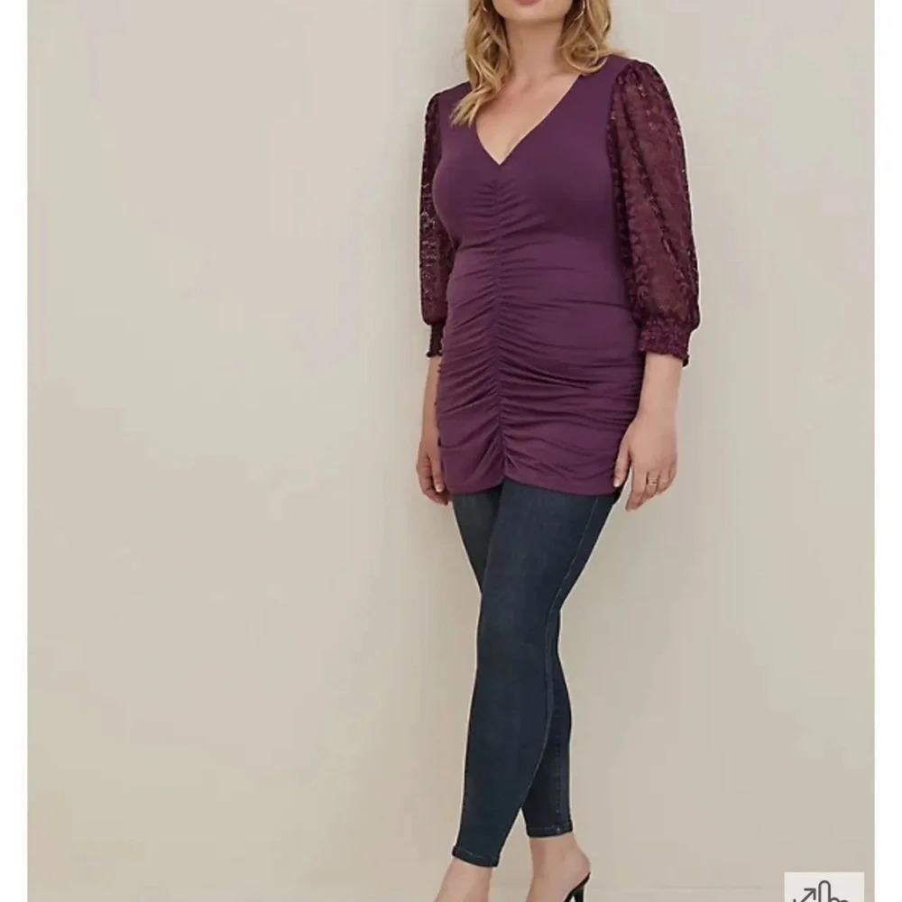 Torrid Lace Sleeve Tunic V-Neck Ruched Front Long Top Plus Size 1 1X 14 16 NWT - Picture 8 of 16